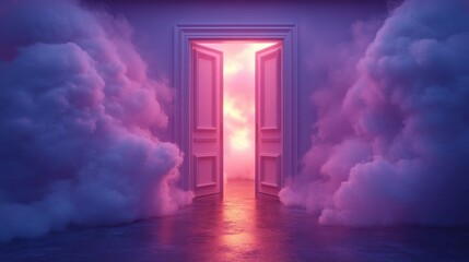 Leinwandbilder - white clouds flying inside the wide opene violet double doors architectural or interior element isolate on lilac backgroun dream metaphor
