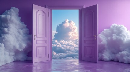 Leinwandbilder - white clouds flying outside the wide open violet double doors architectural or interior element isolate on lilac backgroun dream metaphor