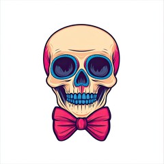 A vibrant and colorful skull illustration featuring bold blue eyes and a stylish bow tie, perfect for creative design projects.