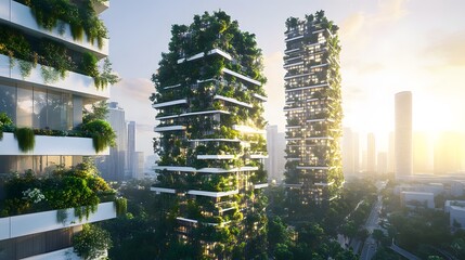 Two Modern High-Rise Buildings Covered in Greenery in a City Skyline