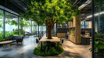 Wall Mural - Modern Office Interior with a Large Tree in the Center