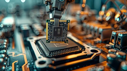 Robotic Arm Placing Microchip on Motherboard