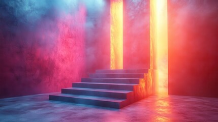 Leinwandbilder - abstract backgroun with assorte geometric shapes an empty square platform for product presentation showcase scene illuminate with the sunlight rays