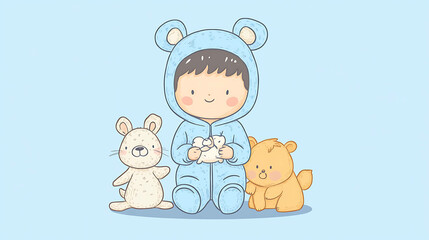 Cute cartoon boy in a bear costume holding a stuffed animal with bunny and bear friends.