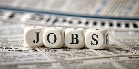 A white dice with the word JOBS on a newspaper background, dice, JOBS, newspaper, employment, career, opportunity, recruitment