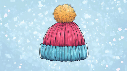 Wall Mural - A pink and blue winter hat with a fluffy pom pom.