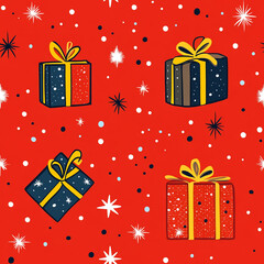 Seamless pattern with christmas icon, star and present cartoon on red background