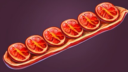 A Row of Six Sliced Red Fruits on a Wooden Plank