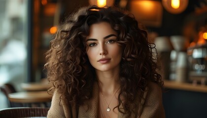 Confident woman with curly hair in a chic cafe, radiating professionalism and style under warm ambient lighting