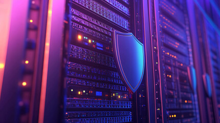 Wall Mural - A server rack with a shield in front of it, symbolizing data security.