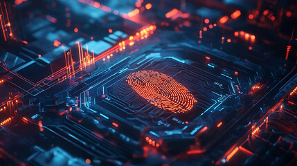 A glowing red fingerprint on a futuristic circuit board.