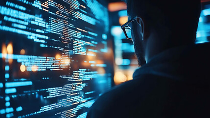 A programmer looks intently at a screen filled with lines of code.