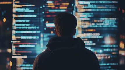 Silhouette of a person looking at computer code on a screen.