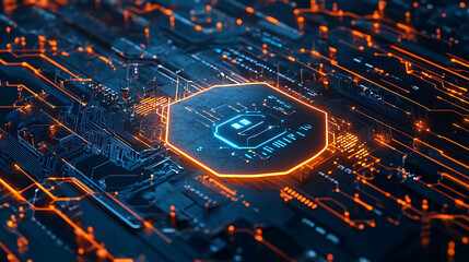 Wall Mural - Closeup of a futuristic circuit board with a glowing chip.