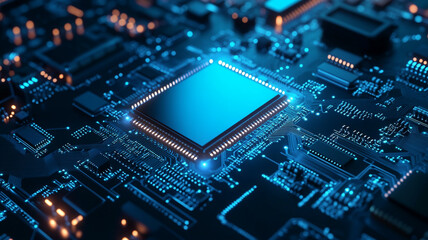 Poster - Close-up of a glowing microprocessor on a circuit board showcasing technology in a dark environment