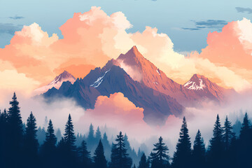  A serene mountain landscape at sunset, featuring peaks, clouds, and forest silhouettes.