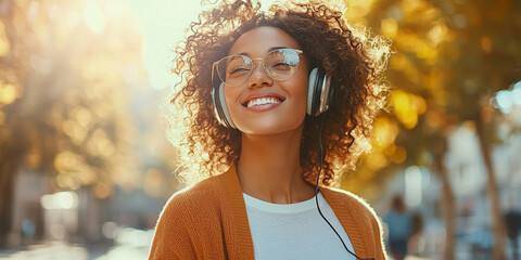 Wall Mural - A beautiful woman with curly hair, wearing glasses and headphones, generative AI