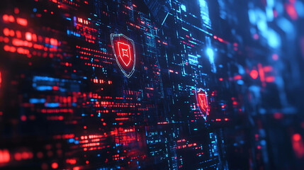 Sticker - Cybersecurity digital background with red shield icons on a blue digital grid.