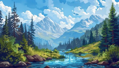 Wall Mural - Beautiful landscape of the river, forest and mountains. A river surrounded by forest and mountains in the background, cartoon style