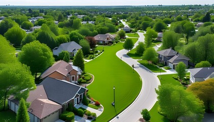 Charming suburban neighborhood featuring quaint houses, lush green lawns, and winding roads enveloped by trees from an aerial perspective