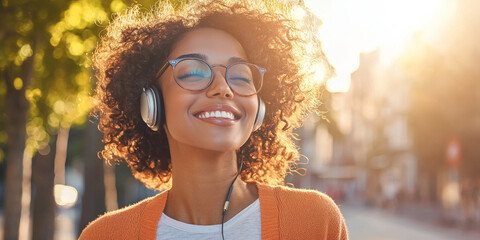 Wall Mural - A beautiful woman with curly hair, wearing glasses and headphones, generative AI