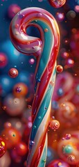 Poster - colorful candy cane surrounded by vibrant, festive orbs, creating a lively holiday atmosphere with d