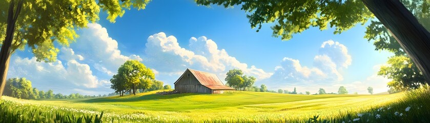 Canvas Print - Rural Countryside Landscape with Barn and Green Field.