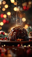 Wall Mural - Festive holiday pudding with warm syrup drizzled over, surrounded by seasonal decorations and warm, bokeh lights in the background.