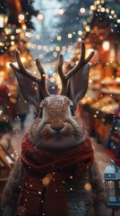 Wall Mural - Adorable rabbit with antlers in a festive scarf at a Christmas market, surrounded by glowing lights and falling snow.