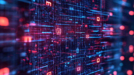 Abstract digital background with binary code and glowing lines in red and blue.