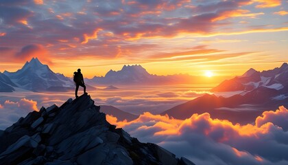 Wall Mural - Triumphant Silhouette Against Sunrise Over Mountain Peak, Inspiring Adventure with Vast Mountain Range and Sea of Clouds as a Backdrop