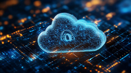 A glowing digital cloud with a padlock icon sits on a circuit board, representing cloud security.