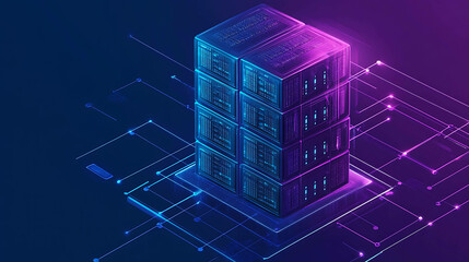 A futuristic illustration of a server rack with glowing blue and purple lights,  connected to a circuit board.