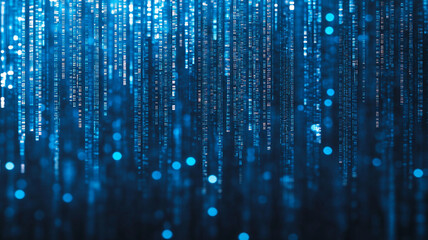 Poster - Digital rain of binary code flowing against a gradient blue background in a virtual landscape