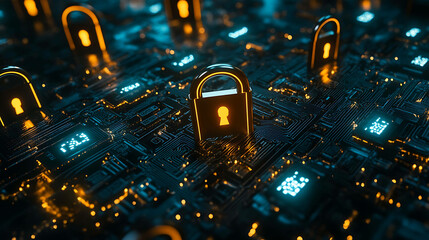 Wall Mural - A glowing padlock sits on a circuit board, representing cybersecurity.