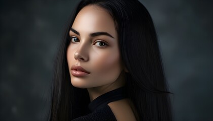 Wall Mural - Elegant close-up of a woman with long black hair and smooth skin captured in a dark setting, embodying beauty and fashion at night.