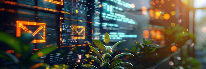 Aufkleber - A vibrant digital workspace featuring code, glowing icons, and lush greenery, perfect for showcasing technology and innovation.