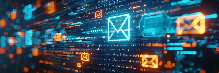 Leinwandbilder - Abstract digital background showcasing email communication with glowing icons and data streams. Perfect for tech-themed projects.