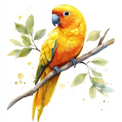 Wall Mural - Watercolor painting of a yellow and orange parrot perched on a branch with green leaves.