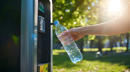 A person filling up a water bottle at a public refill station reducing the use of single-use plastics in an urban park