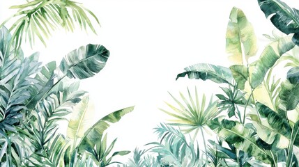 Wall Mural - A vibrant tropical foliage background featuring lush green leaves and diverse plants, perfect for nature-themed designs.