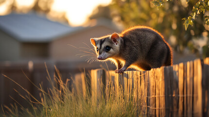 A possum walking along a fence in a backyard at dusk with soft golden light reflecting off nearby houses