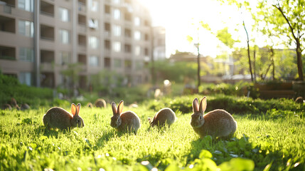 A group of rabbits grazing in the grass near a community garden surrounded by apartment buildings