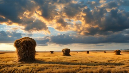 Wall Mural - Golden Autumn Field Surrounded by Haystacks Beneath a Cloudy Sky in a Rustic Countryside Farming Landscape Celebrating Harvest Season