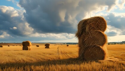 Wall Mural - Golden Autumn Field Surrounded by Haystacks Beneath a Cloudy Sky in a Rustic Countryside Farming Landscape Celebrating Harvest Season