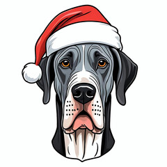 Wall Mural - Great dane dog face wearing santa hat cartoon illustration, christmas xmas dog holiday clipart design element 