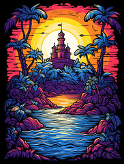 Wall Mural -  A colorful vector illustration of an island with palm trees, the sun setting behind it, and in front, a castle surrounded by water