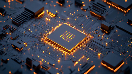 Poster - An intricate illustration of a glowing microchip on a circuit board at night