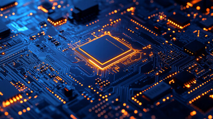 Poster - Intricate illustration of a circuit board with glowing components in a digital landscape