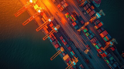 Wall Mural - An aerial view of a busy container port at sunset, with cranes loading and unloading cargo ships.